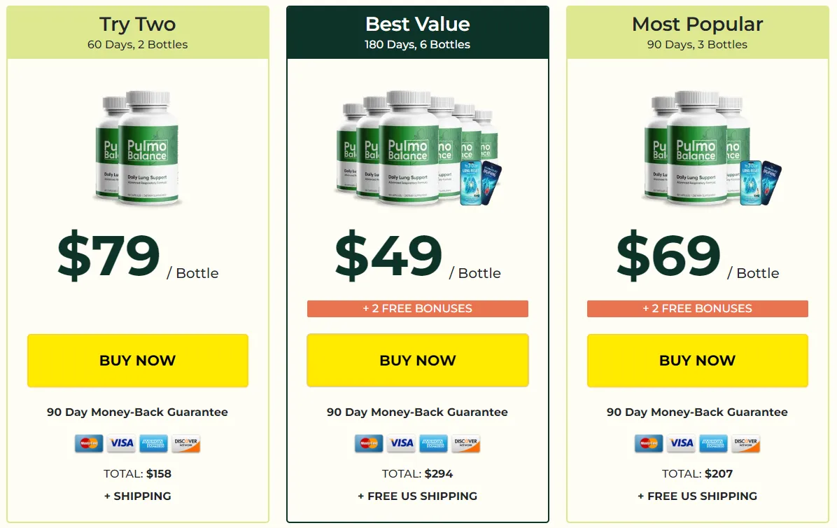 Pulmo Balance 2 bottle 3 bottle and 6 bottle pricing packages